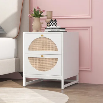 Comodino moderno, tavolino, comodino con 2 cassetti, design simmetrico semicircolare in rattan, completo per camera da letto 1