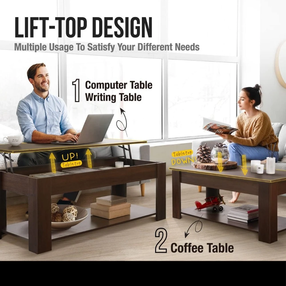 Lift Top Coffee Table w/Storage, Storage Coffee Table w/Lift Top for Living Room, Rising Tabletop Coffee Table w/Hidden 5