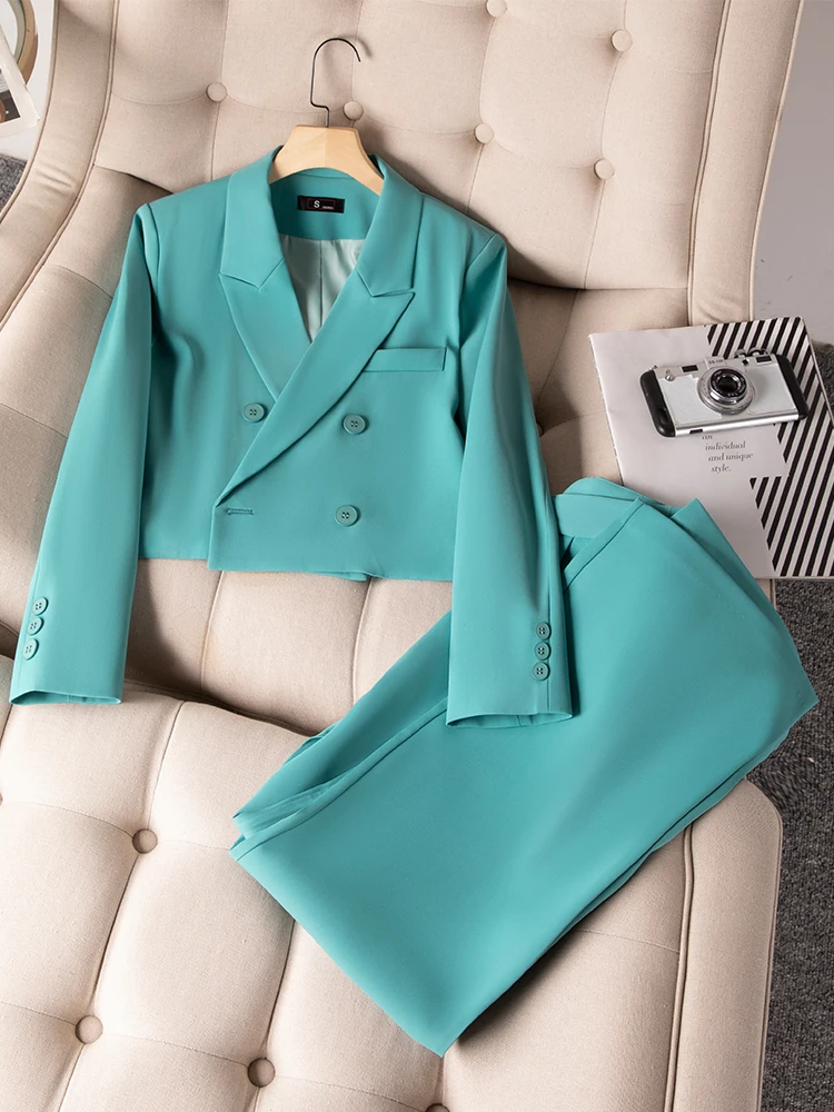 

2023 Women Pant Suit Fashion Office Business Work Wear Ladies Short Double Breasted Blazer+Wide Leg Pants Formal Two Piece Set