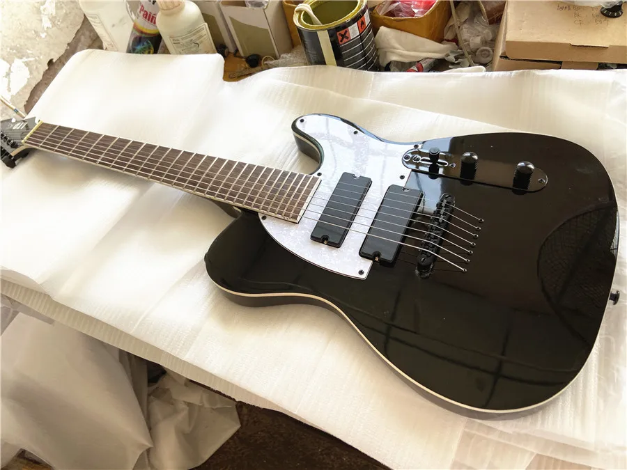

High quality custom version 7-string electric guitar black fixed piercing body bridge white guard