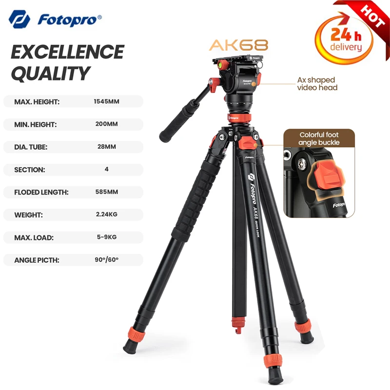 Fotopro Aluminum Alloy Tripod Extendable Lightweight Portable Camera Bracket with Hydraulic Damping Head Professional Stand AK68