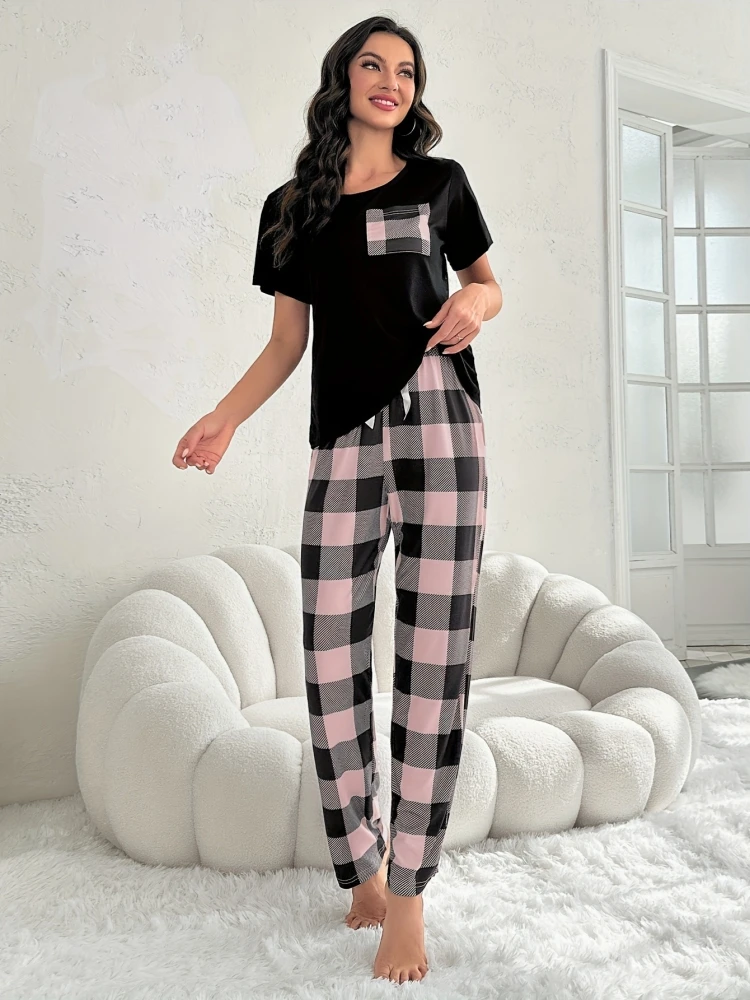 Spring Summer Women's Thin Milk Silk Pajamas Short Sleeve T-shirts Plaid Print Pants Comfortable Casual Home Clothing Set