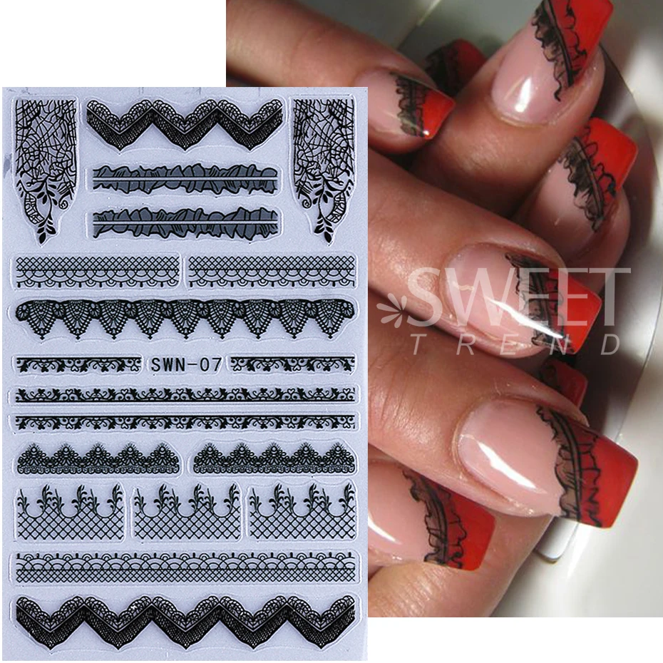 2pcs Lace Nail Stickers Black White Charm Lace Florals Simple Line Design Nail Decals Elegant Wedding Slider Manicure Decoration