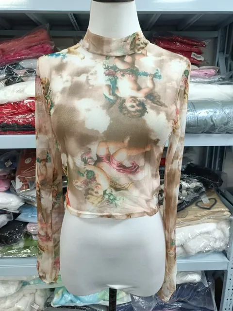 Women Summer Hollow Out Sheer Mesh Net Short Sleeve Crop Top Funny - Technical View