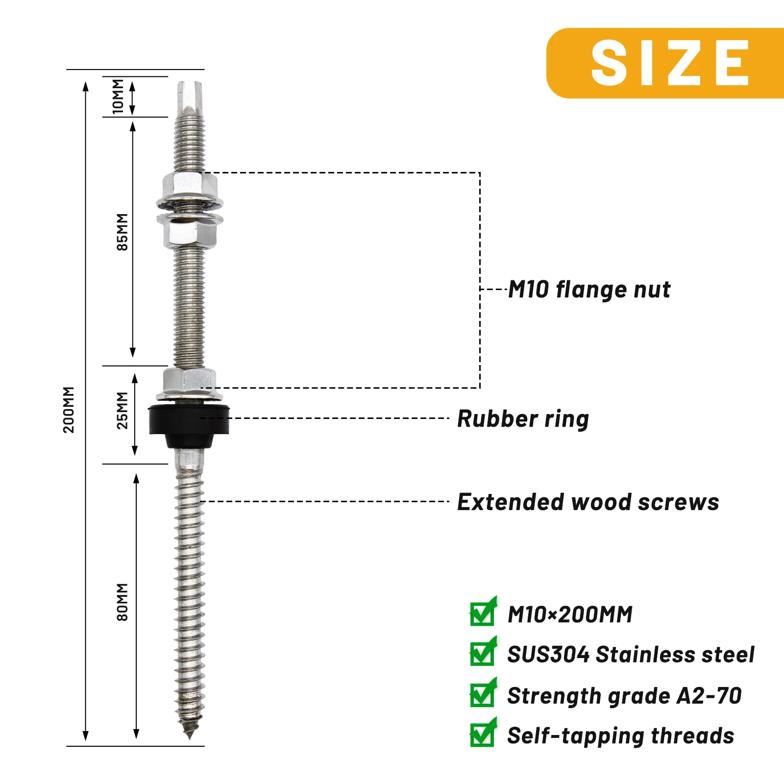 6 Pi&egrave;ces Vis Double Filetag Fixation Panneau Solaire M10 X 200 mm Adjustable for Wood