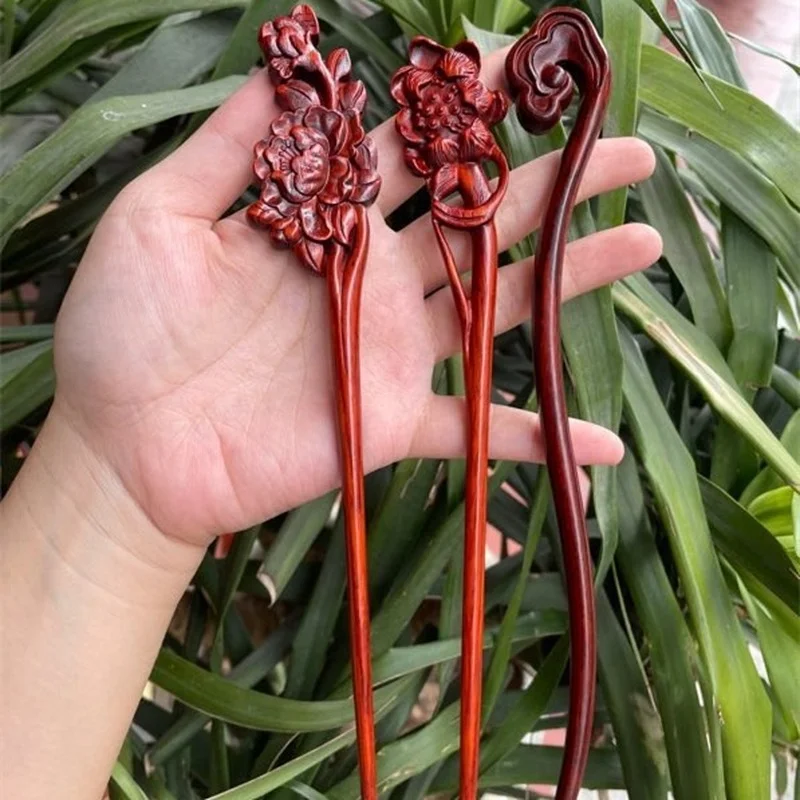 Red Sandalwood Wood Hair Sticks Magnolia Flower Wooden Hair Pins Carved Peony Headpiece Hair Jewelry Accessories