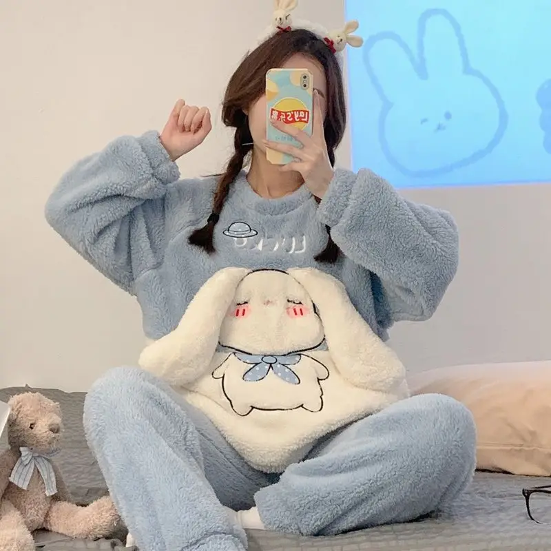 Kawaii Sanrios Cinnamoroll Cartoon Plush Nightwear Cute Homewear Sleepwear Suit Autumn Winter Loose Pajamas 2-Piece Set Gir Gift