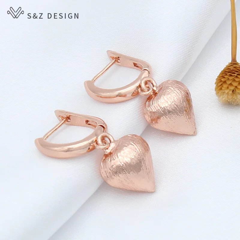 S&Z DESIGN New 585 Rose Gold Color Heart-shaped Metal Dangle Earrings Jewelry Sets For Women Wedding Pendant Necklace