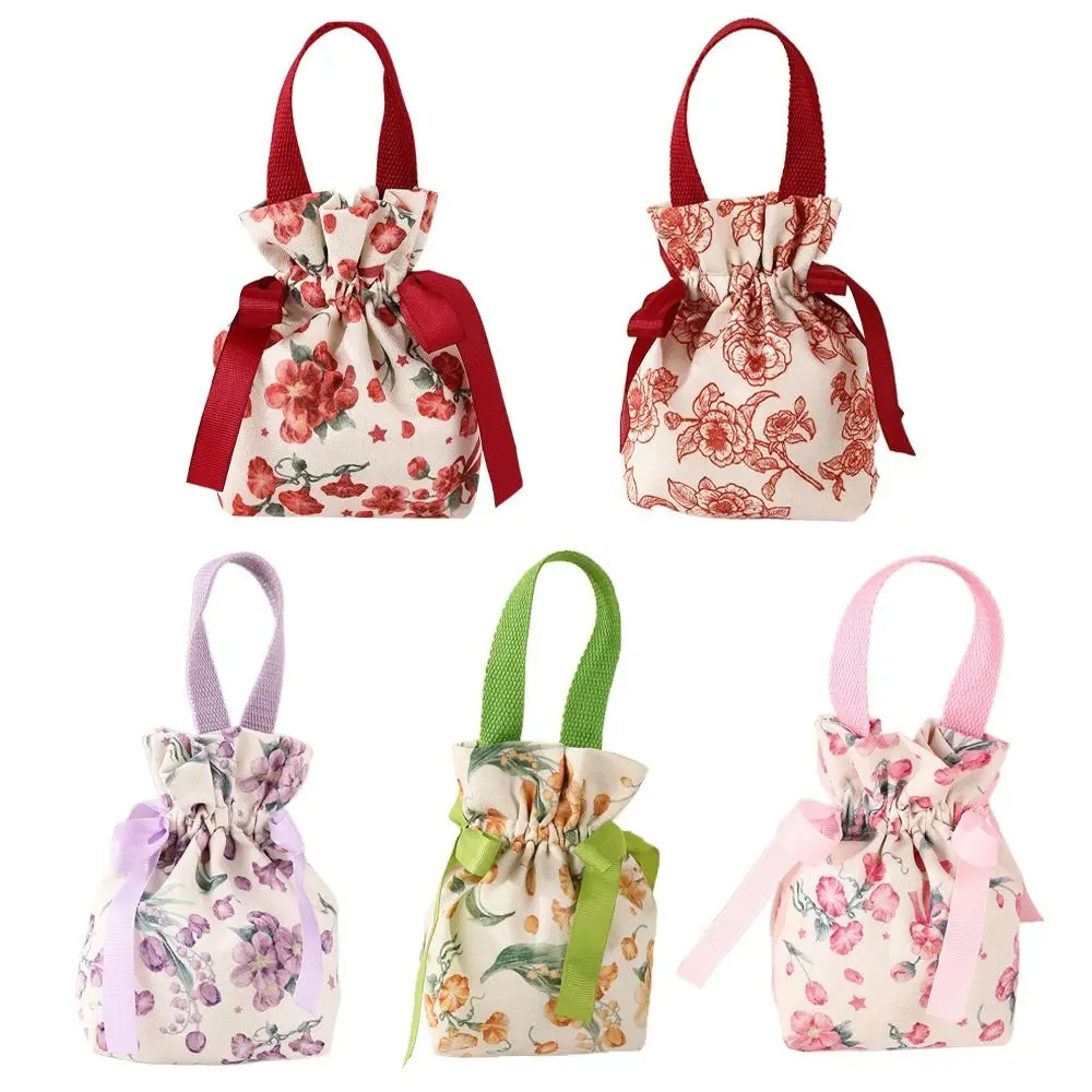 

Floral Canvas Flower Drawstring Bag Large Capacity Korean Style Festive Sugar Bag Ribbon Bow Bucket Bag Bowknot Handbag Party