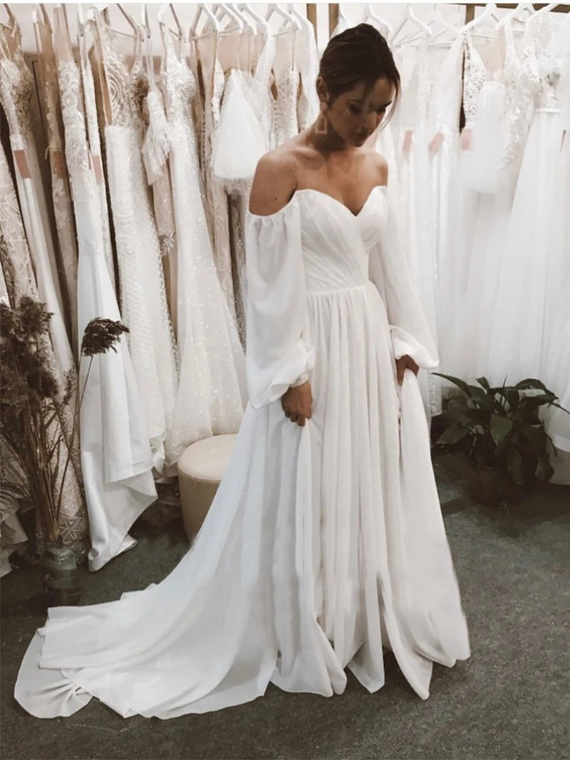 VIKTORIA Off Shoulder Ruched Chiffon Long Bishop Sleeves Wedding Dress V-neck Custom Made A-Line Buttons Bridal Gown Custom Made plus size wedding dresses