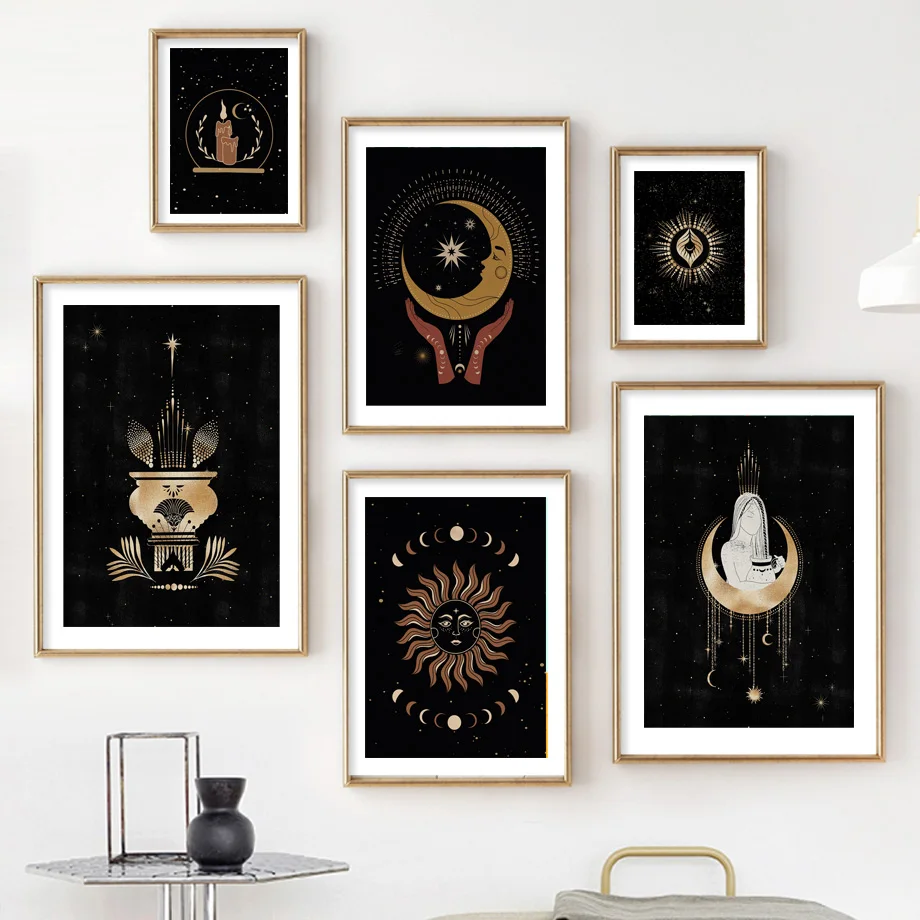 

Witchy Hand Sun Moon Женская богиня Небесный настенный художественный постер на холсте Ретро художественные принты для декора гостиной
