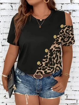 Plus Size Leopard Print Button Decor T-Shirt, Casual Cold Shoulder Short Sleeve Top For Spring & Summer, Women's Plus Size Cloth 1