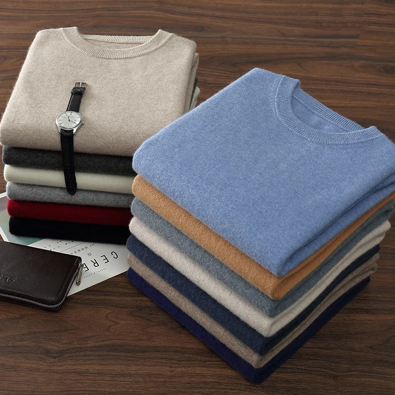 Autumn/Winter New Men's 100% Cashmere Pullover Casual Solid Color Knitted Sweater Loose Round Neck Tops Basic Warmth Jumper