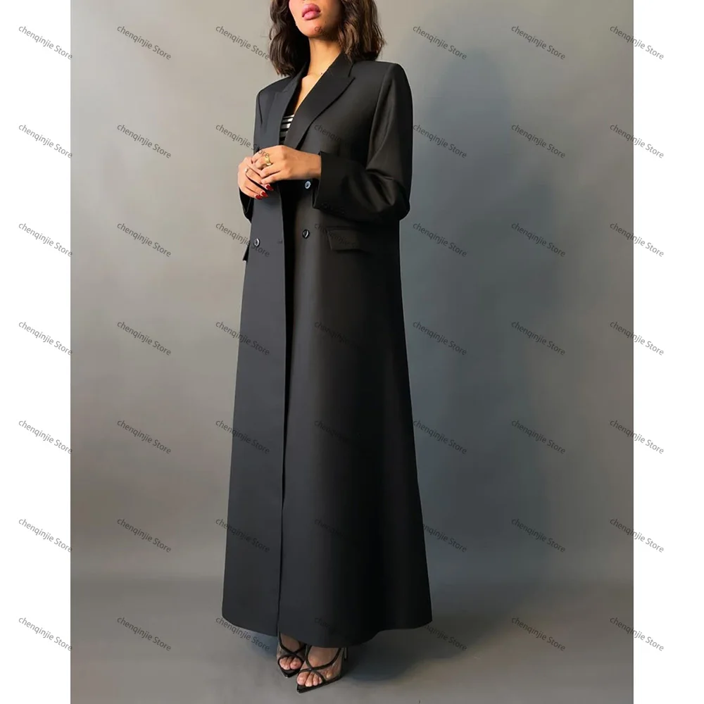 High End Black Double Breasted Luxury Abaya Blazer Women Suits Peak Lapel Chic Dubai Long Jacket 1 Piece Formal Business Outfits 2