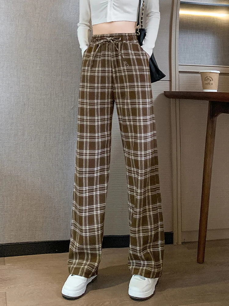 Streetwear Brown Plaid Pants Women Korean Style Loose High Waist Straight  Baggy Wide Leg Pant Large Size - AliExpress