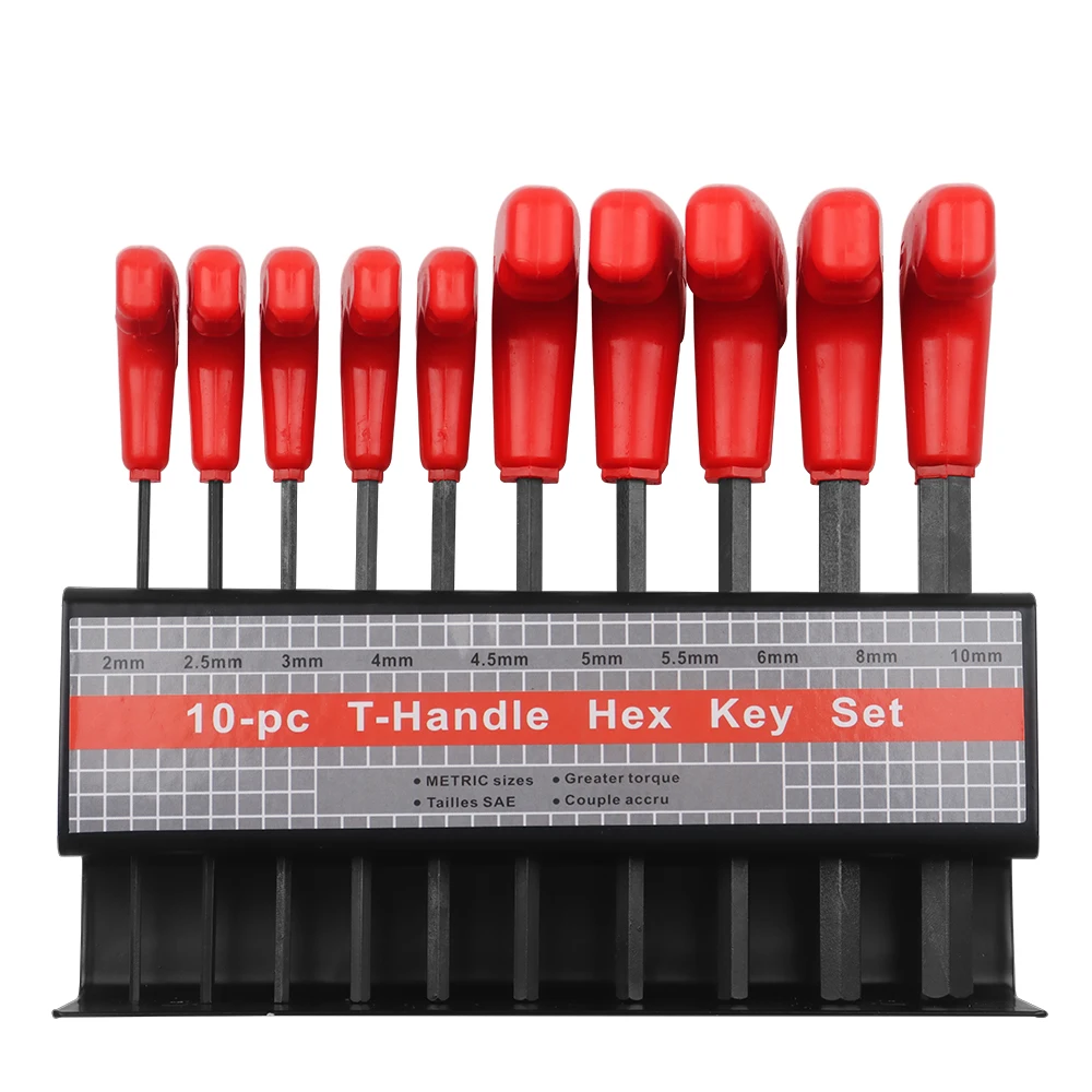 10pc Metric or Inch T-Handle Hex Key Allen Wrench Tool Set or Star T-Handle Hex Key Set with Convenient Storage Stand