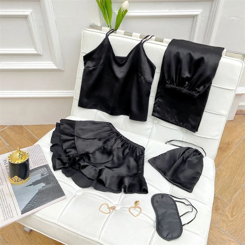 Spring Summer Thin Champagne Three-piece Pajamas  Suspenders Shorts Trousers Home wear Leisure Soft Pajama Set