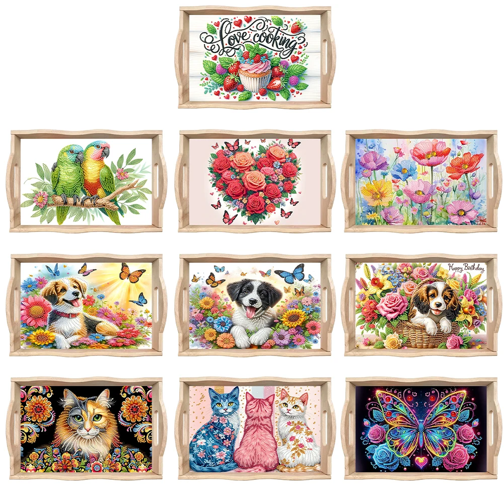 Wooden Colorful Pattern 5D Diamond Painting Tray Art Craft with Handle Diamond Painting Tray Handicraft for Countertop Decor 4