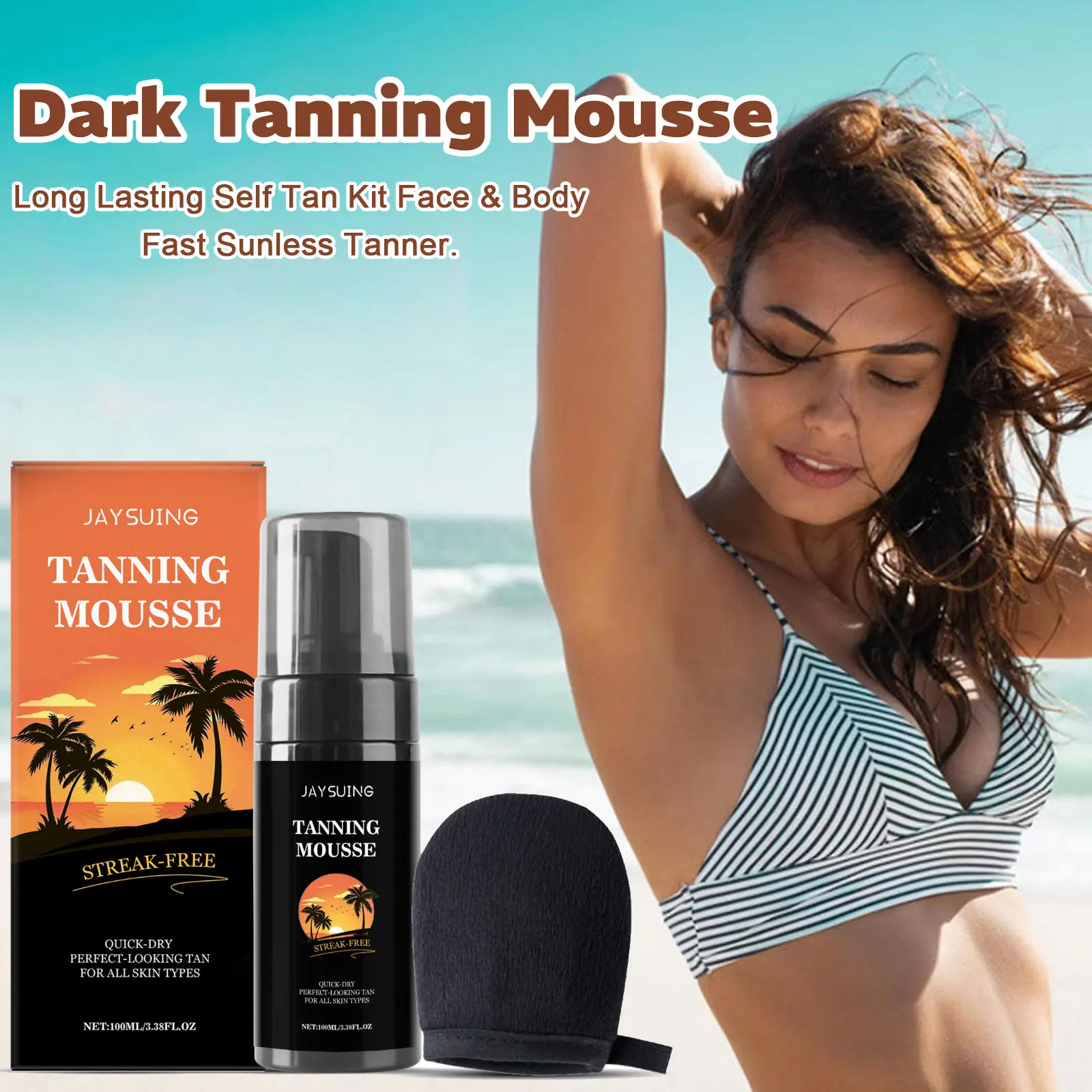 Self Tanning Mousse Ultra Dark with Applicator Glove Fast Sunless Tanner Face Body No Fake Tan Skin Bronzer Tanning Accelerator
