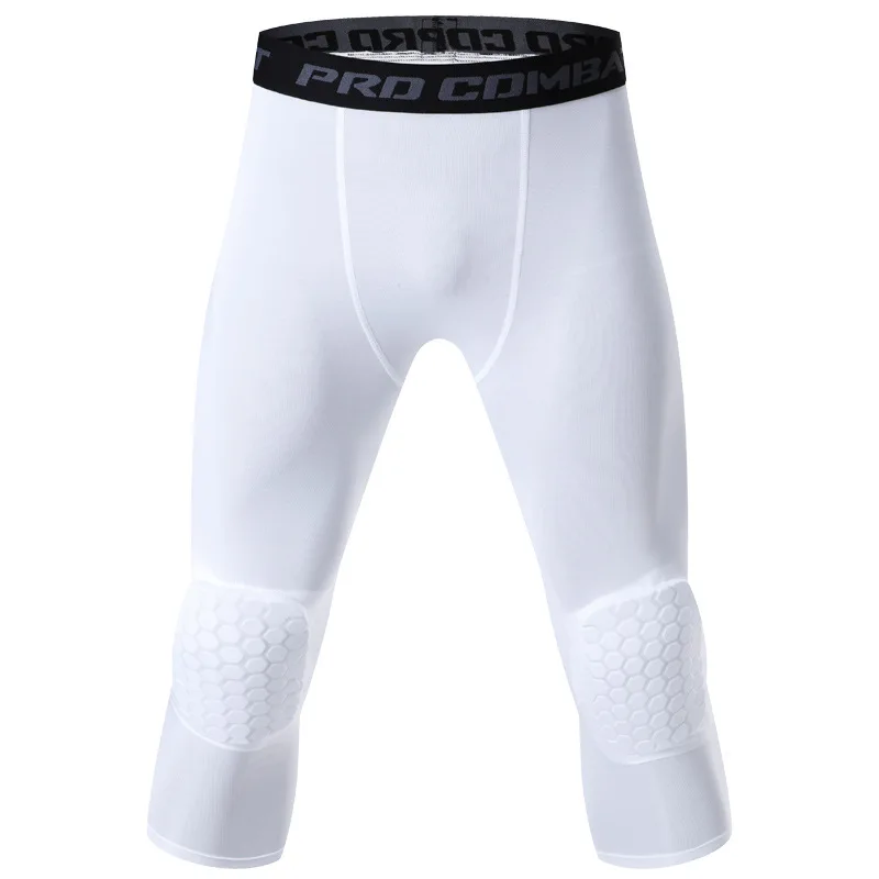 Men Compression Sport Cropped Pants Running Basketball Tights Man Crossfit Fitness Leggings Gym Training Tights With Knee Pads,sports leggings,compression pants