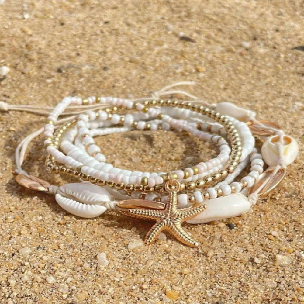 Bohemian Beach Rice Beads Elastic Anklet Charm Alloy Anklet Set 7pcs 16.54/2.76in Stretch Holiday Starfish Multi-layer ankle chains silver anklet bracelet beads anklet fashion accessories bead bracelet