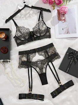 Reggiseno di pizzo Breve giarrettiera Set da donna Lingerie sexy Reggicalze Intimo Vedi attraverso abiti Indumenti da notte di lusso Indumenti da notte caldi Bilizna