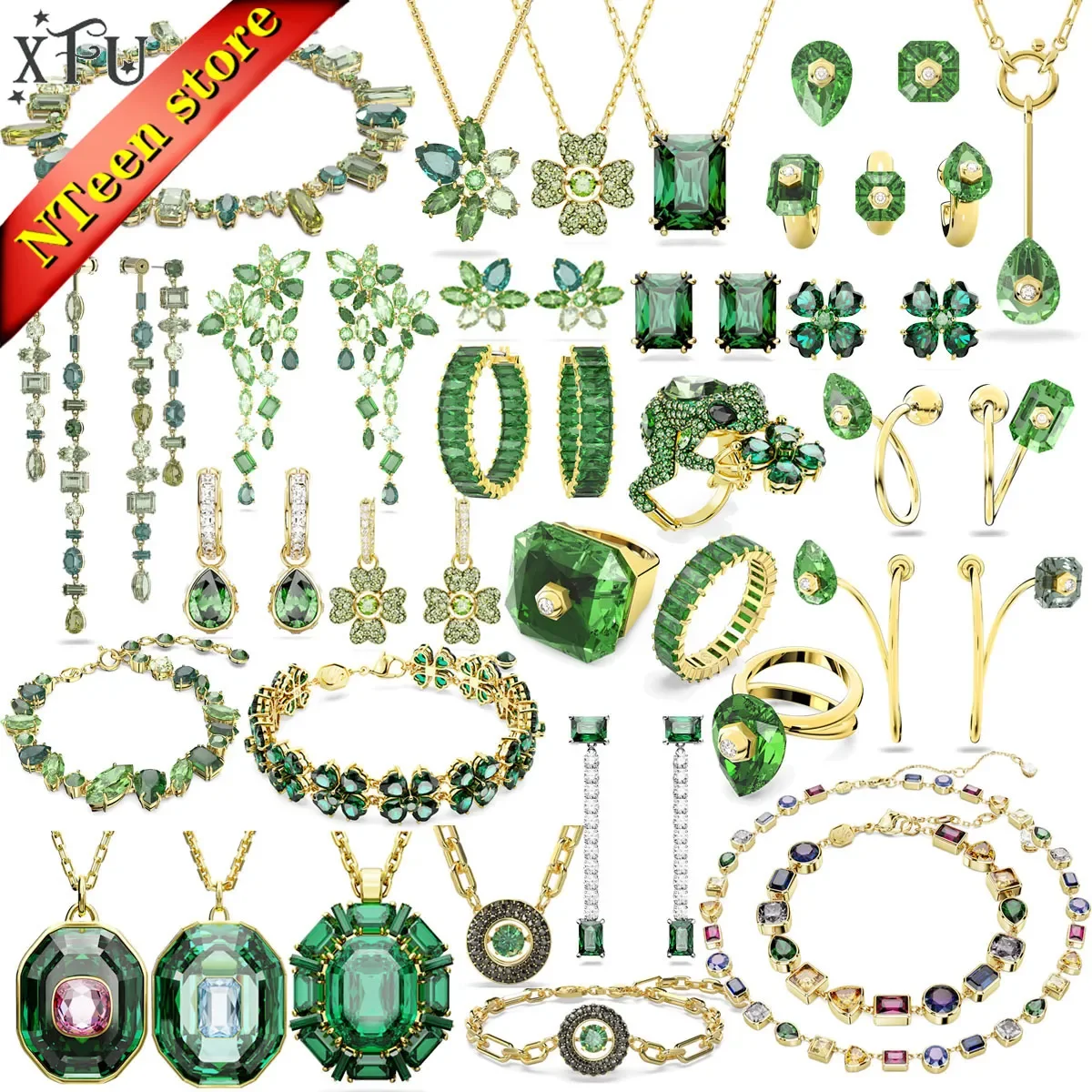 XFU Gema 2024 New Green Necklace Bracelet Ring Women's Earrings Fine Jewelry Set High Quality Crystal Charm Gift Band Logo XFU