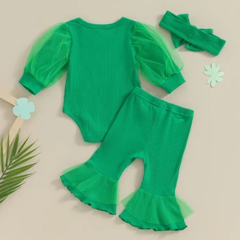 Toddler Girl St Patrick s Day 3 Piece Set Long Sleeve Clover Print Romper Flare Pants Headband Outfit for Baby 2