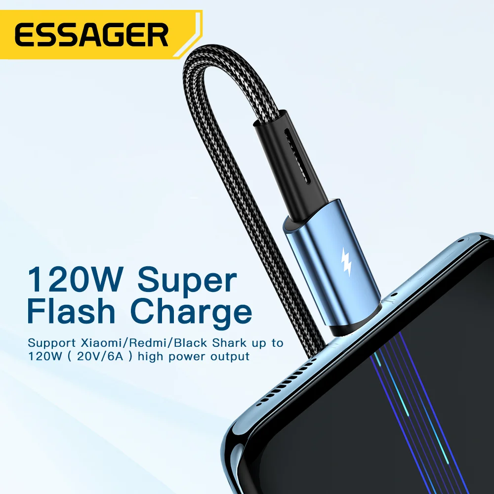كابل Essager 120 وات USB من النوع C شحن سريع للغاية شحن سريع 6A لهاتف Xiaomi 12Pro Redmi K50 Note 11 Pro لهاتف iPhone 16 pro max 15