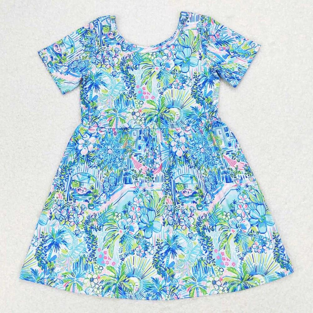 NEW Fashion Kids Designer Clothes Girls Flower Short Sleeve Knee Length Dresses Boutique Baby Girls Dress Children Clothing Hot