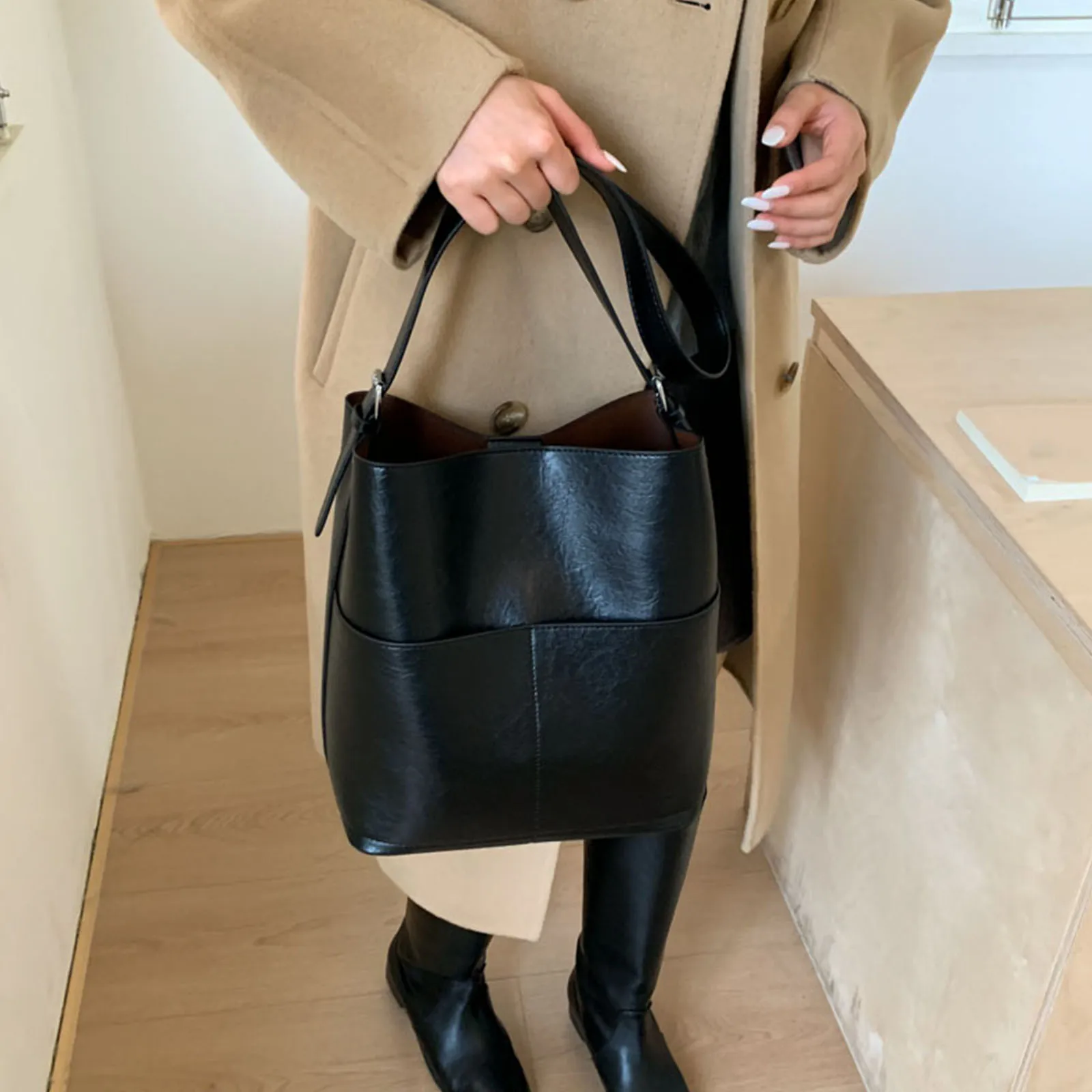 PU Leather Hobo Bag Solid Colour Slouchy Shoulder Bag with Inner Bag Composite Bag for Women Travel Shopping Work