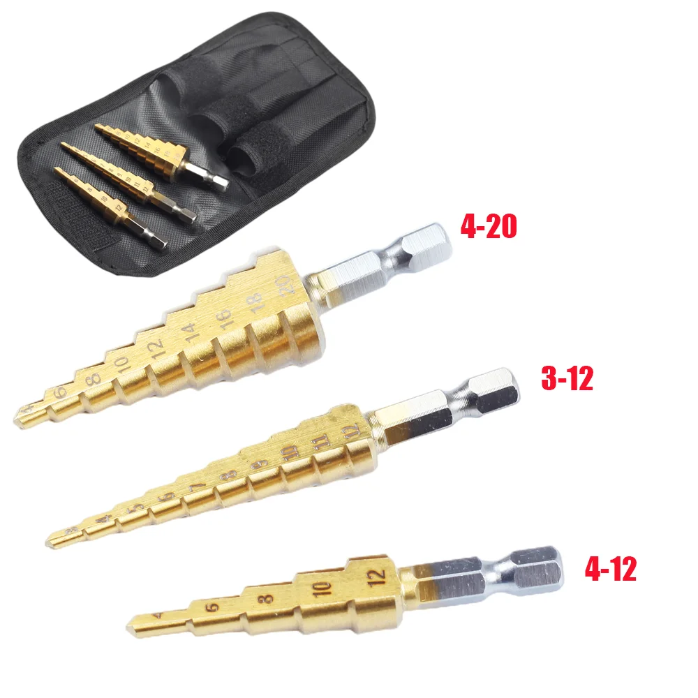 3Pcs 3-12mm 4-12mm 4-20mm HSS Straight Groove Step Drill Bit Titanium Coated Wood Metal Hole Cutter Core Cone Drilling Tools Set 3pcs 3 12mm 4 12mm 4 20mm hss straight groove step drill bit nitriding bit wood metal hole cutter core cone drilling tools set