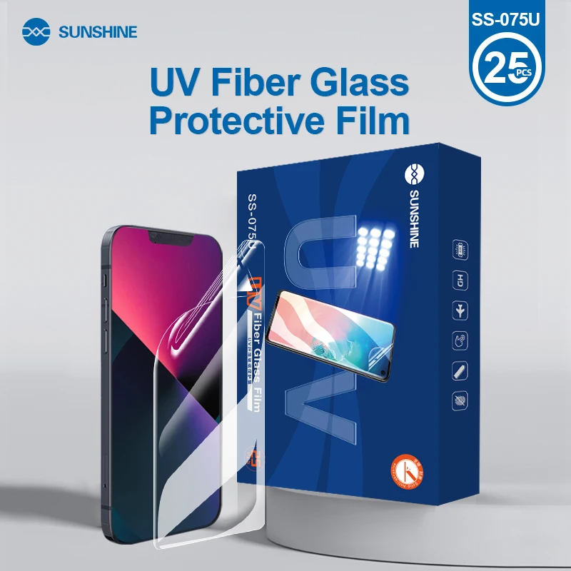 SUNSHINE 25PCS SS-075U UV Fiber Glass Protective Film For Curved Screen, Cover to the Edge Comes with UV Curing Lamp