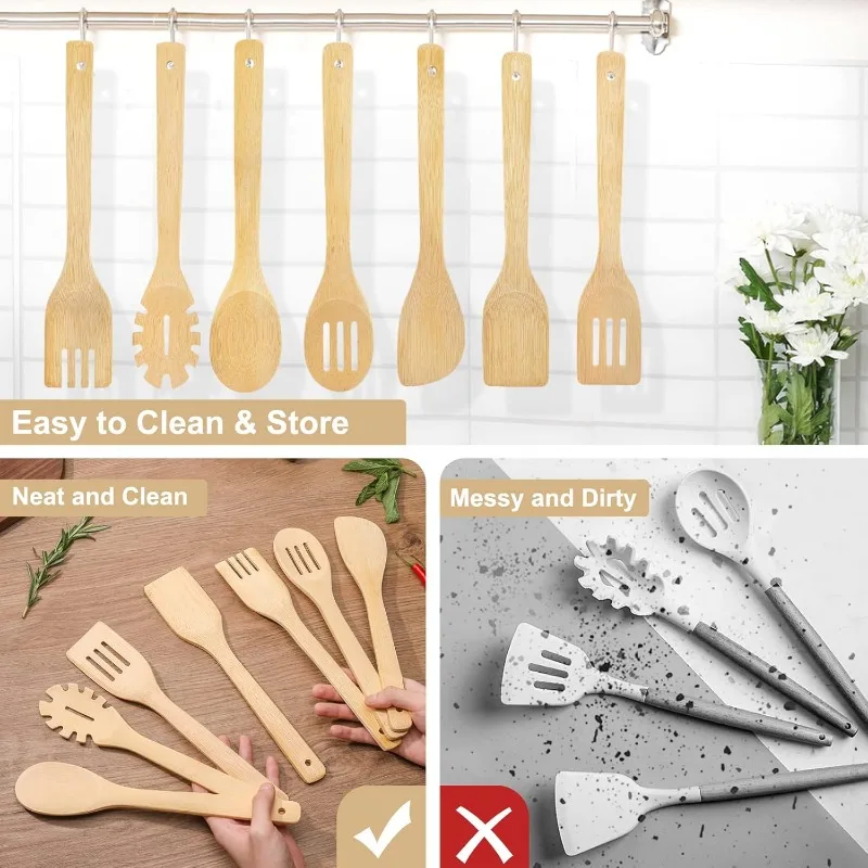 Eco-friendly Bamboo Kitchen Utensil Set Wooden Cooking Tools Non-stick Spatulas and Spoons with Holder for Cooking Baking
