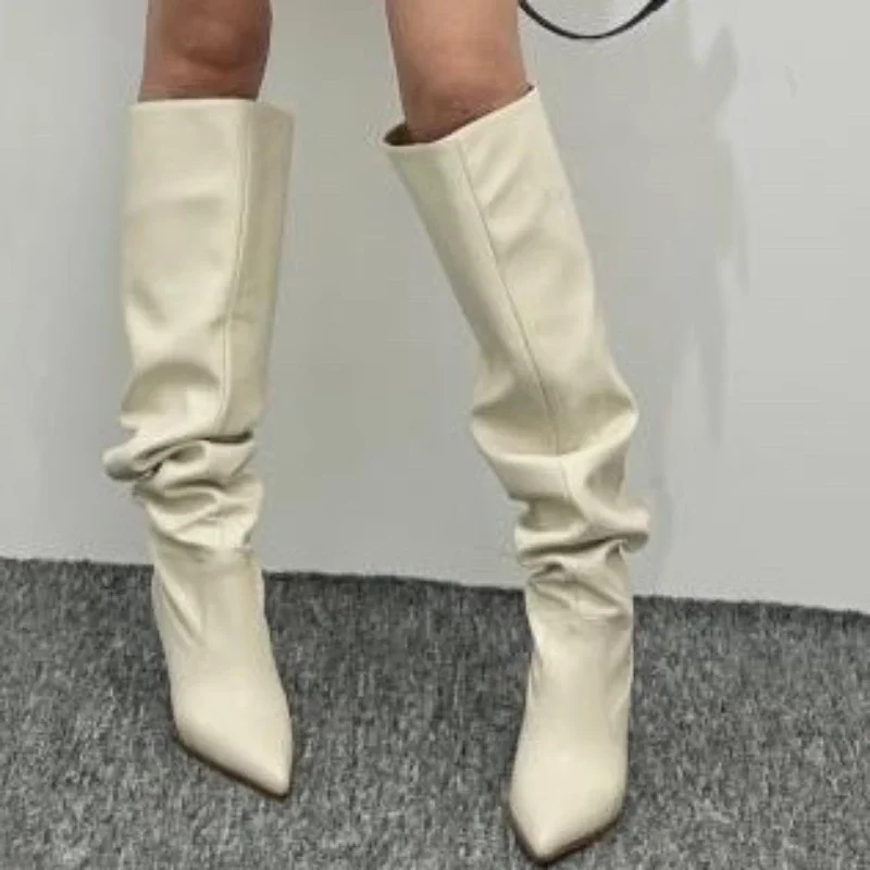 

Women's Knee High Boots Wrinkle Pionted Toe Thin Heel Female High Heels Sexy Party Elegant Woman Heeled Shoes 2023 Autumn New