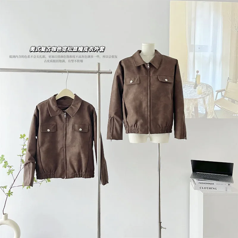 

Vintage American Street Zipper Leather Coat Ladies Lapels Y2K Style High Street Retro Fashion Tops Women Fashion