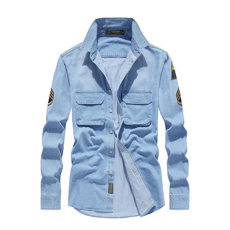 Men Long Sleeved Casual Denim Shirts Male Cotton Multi pockets Cargo Shirts Spring Man Fashion Jeans 5XL