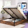 Full Size Lift Up Storage Bed Frame,Full Bed Frame with Bookcase Headboard & LED Lights, Wooden Platform with Charging Station 1