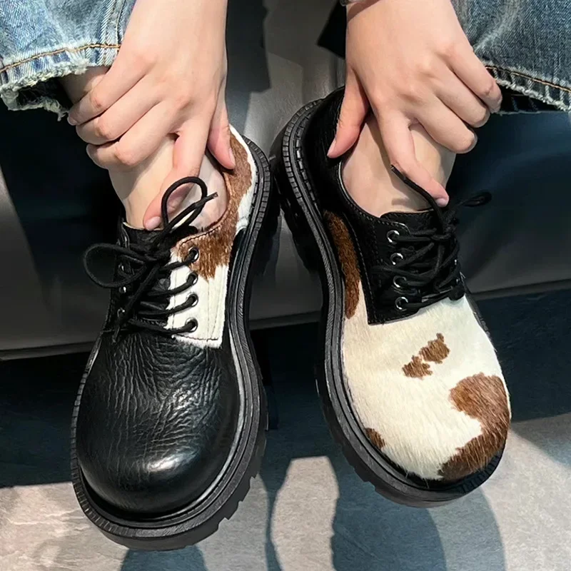 Horsehair Debi Same Men and Women Milk Mandarin Ducks Small Leather Lace-up Thick Heel Platform Soft Single Casual Shoes