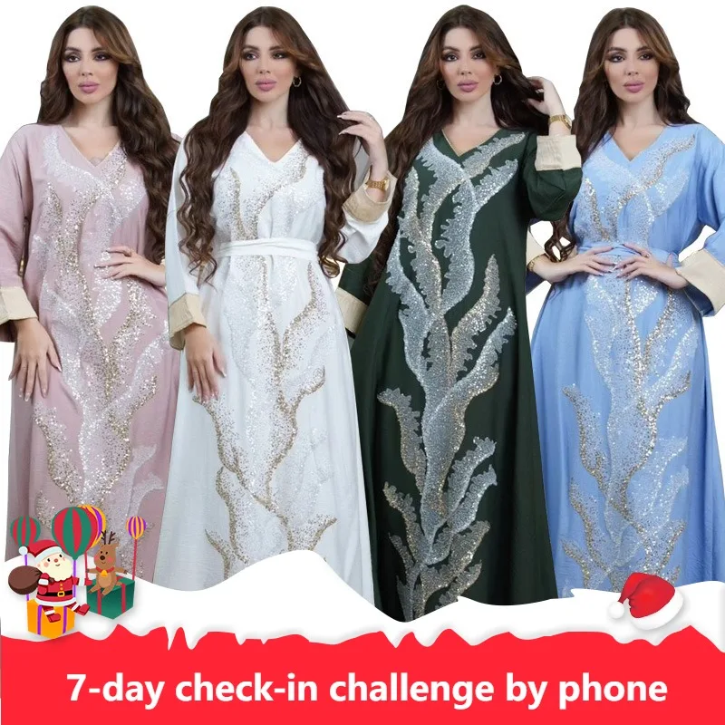 

2023 элегантные мусульманские женские длинные платья с длинным рукавом и V-образным вырезом розовые белые из полиэстера с блестками Abaya мусульманские модные платья Abaya женское платье