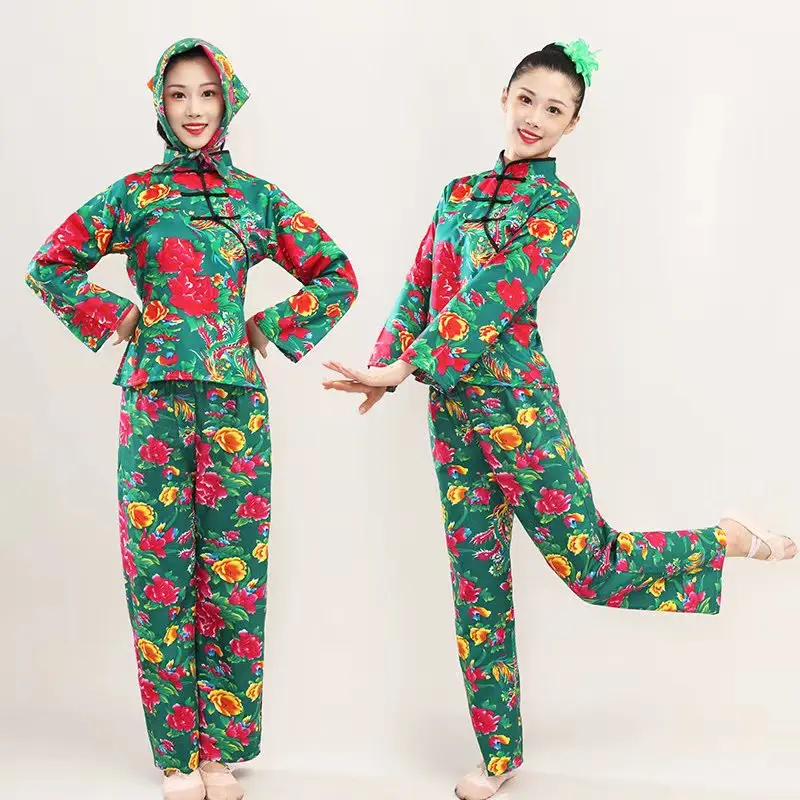 China Northeast Printed Village Girl Errenzhuan Performance Dress Funny Square Dance Yangge Costume Ethnic Top Pants Suit