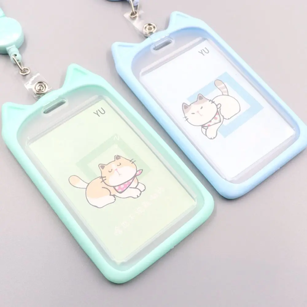 1PC Cute Cartoon Cat Card Holder Bank Identity Bus ID Card Sleeve Case With Retractable Reel Lanyard Credit Cover Case Kids Gift card holder credit card holder