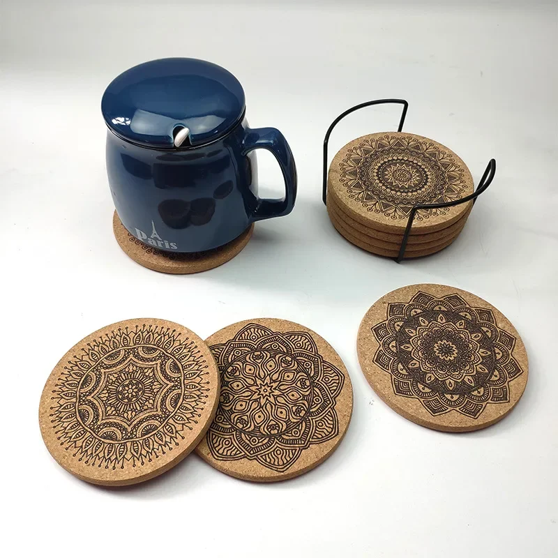 

1 Set Creative Nordic Mandala Design Round Shape Wooden Coasters with Rack Nordic Mandala Round Cork Coaster Cup Mat