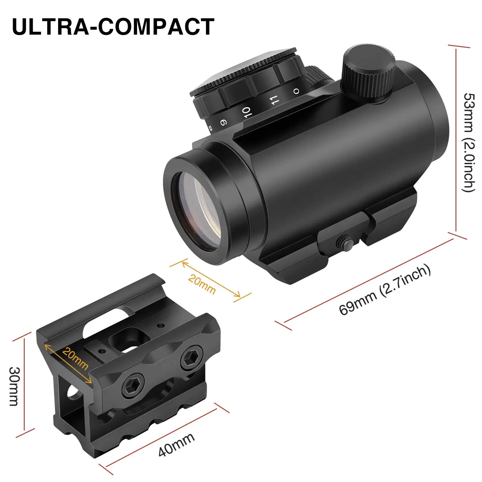 MidTen Riflescope 1x25mm 2MOA Red Dot Sight Waterproof Shockproof Fog-Proof with 1 inch Riser Mount Alumin