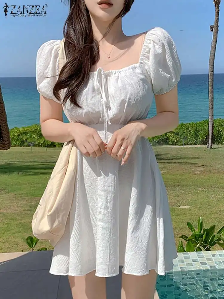 

Мини-платье ZANZEA женское с квадратным вырезом, модное элегантное короткое текстурированное платье с пышными рукавами, розовый сарафан, лето 2023