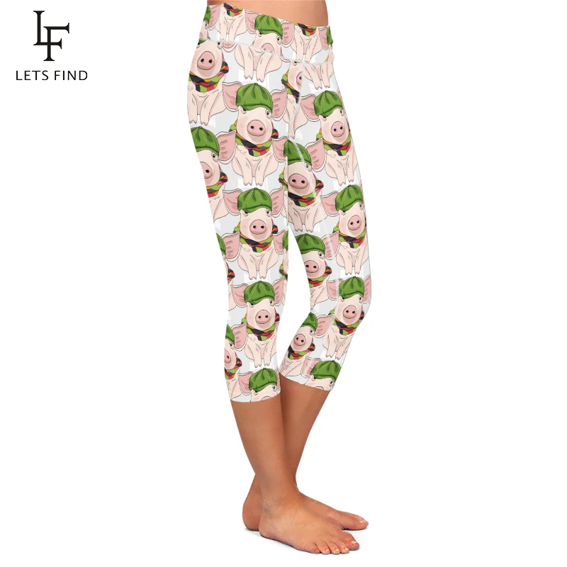 LETSFIND 3D Cartoon Pig Digital Printing Pants High Waist  Elastic Women Fitness Mid-Calf Casual Leggings Summer