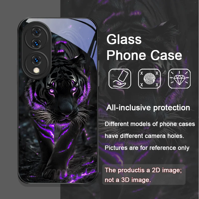 Fashion Animal Tiger Flame Printed Tempered Glass Phone Case