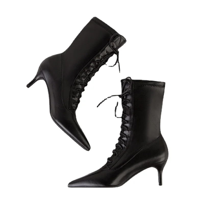 Autumn Winter Ankle Women Boots Sexy Pointed Toe Pole Dance High Heels Pumps Fashion Zip Lace-up Chelsea Shoes Female Size 35-43