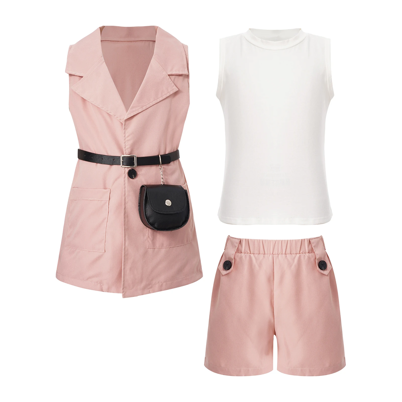 

Комплект одежды для девочек из 4 предметов, Блейзер, наряды, майка, блейзер без рукавов, шорты с эластичным поясом, сумка на талии, повседневный костюм