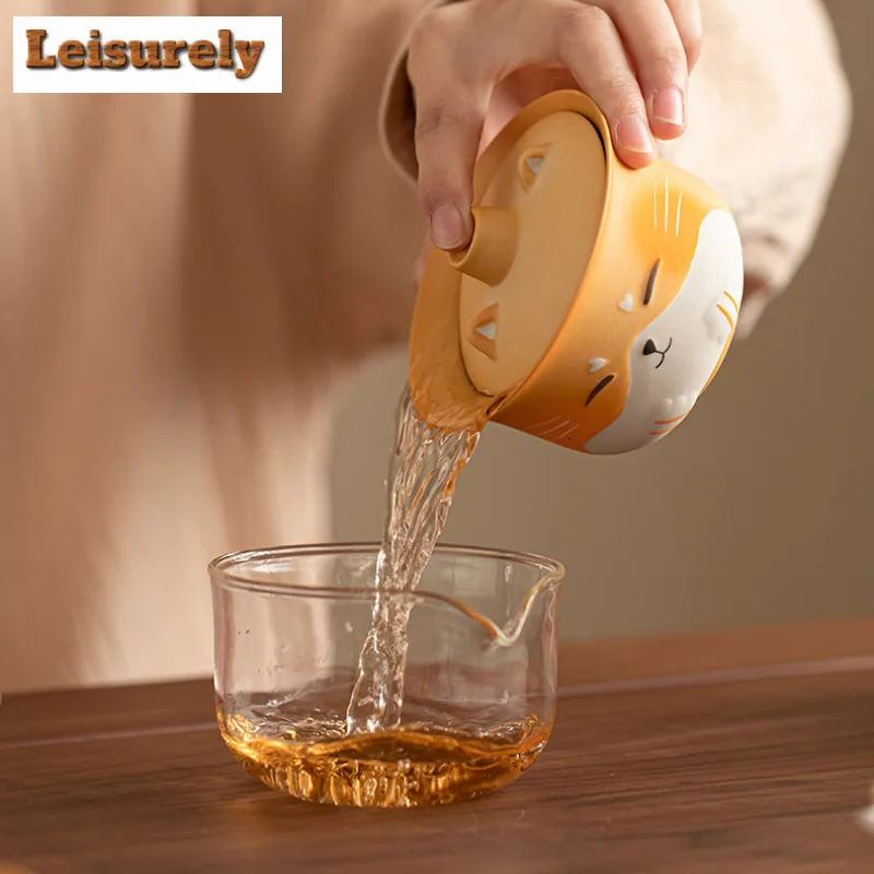 Fortune Cat Travel Tea Set Kit Zen Teapot And Cup Set 1 Pot 2 Cups Tea Maker Organizer Portable Outdoor Handbag Accessories Gift